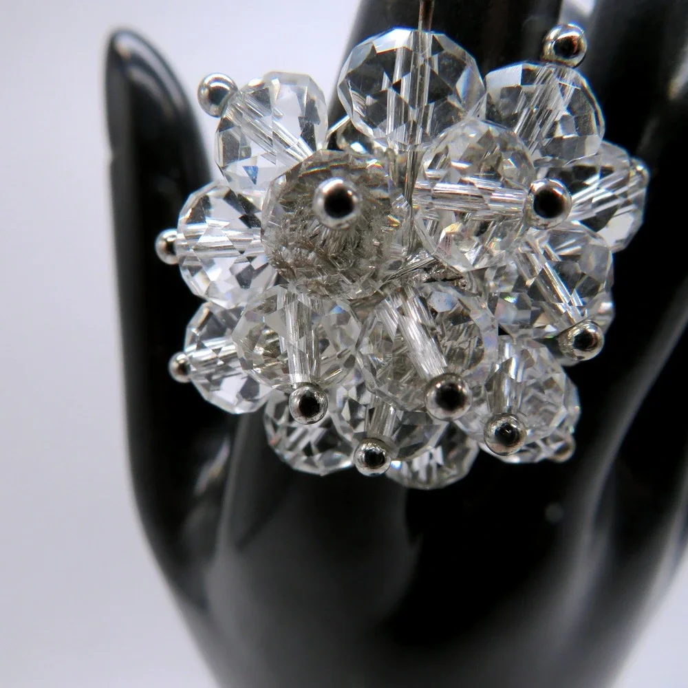Vintage Style Clear Crystal Bead Cluster Cocktail Ring Silver Tone Size 6 Adj